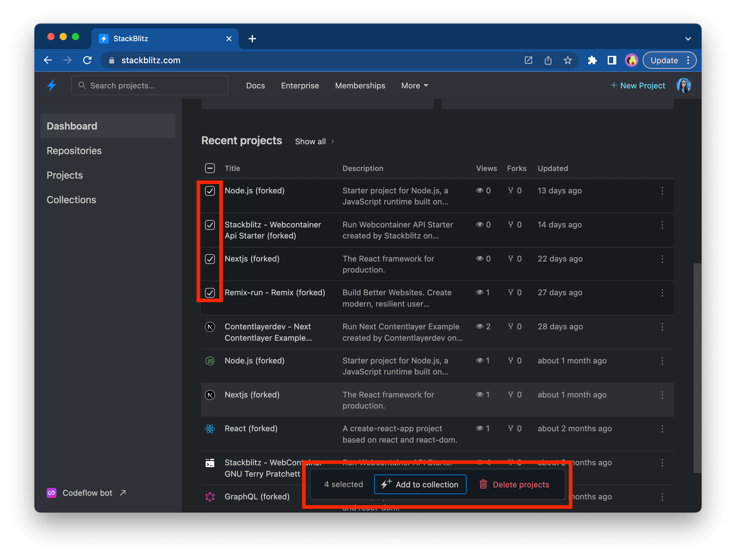 A few selected projects with a pop-up menu with options "Add to collection" and "Delete projects"