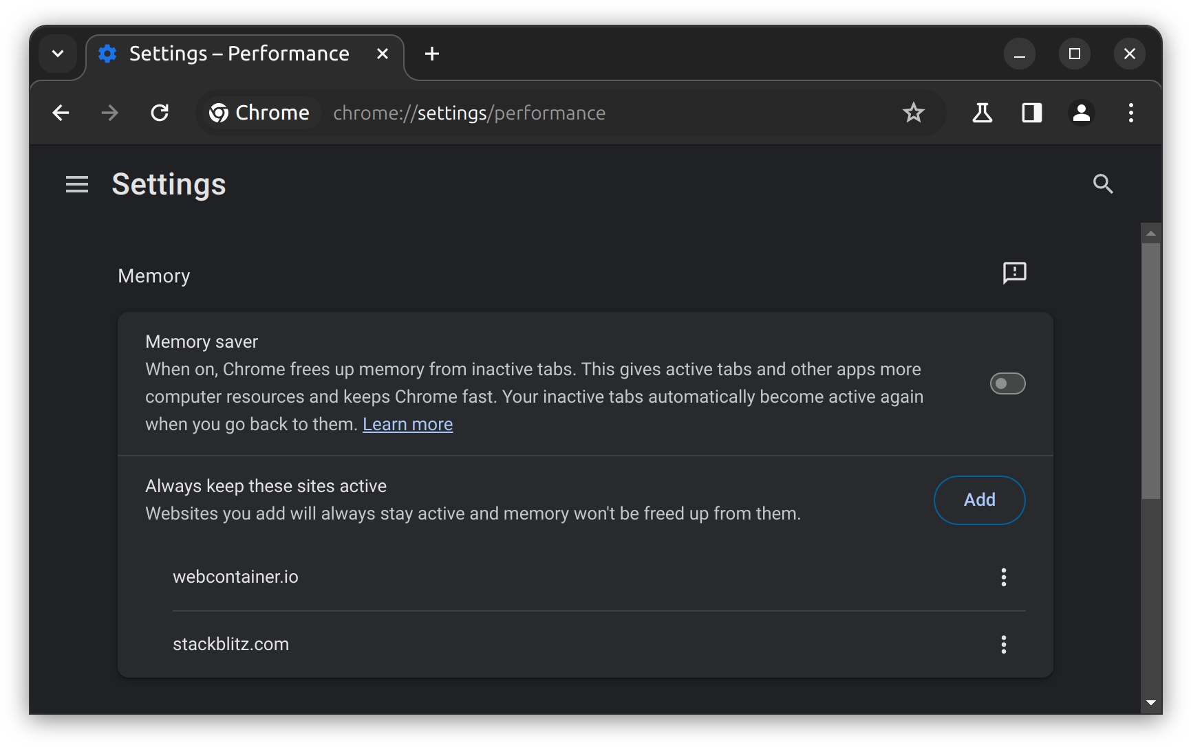 Chrome performance settings showing the memory saver section with an exception for stackblitz.com