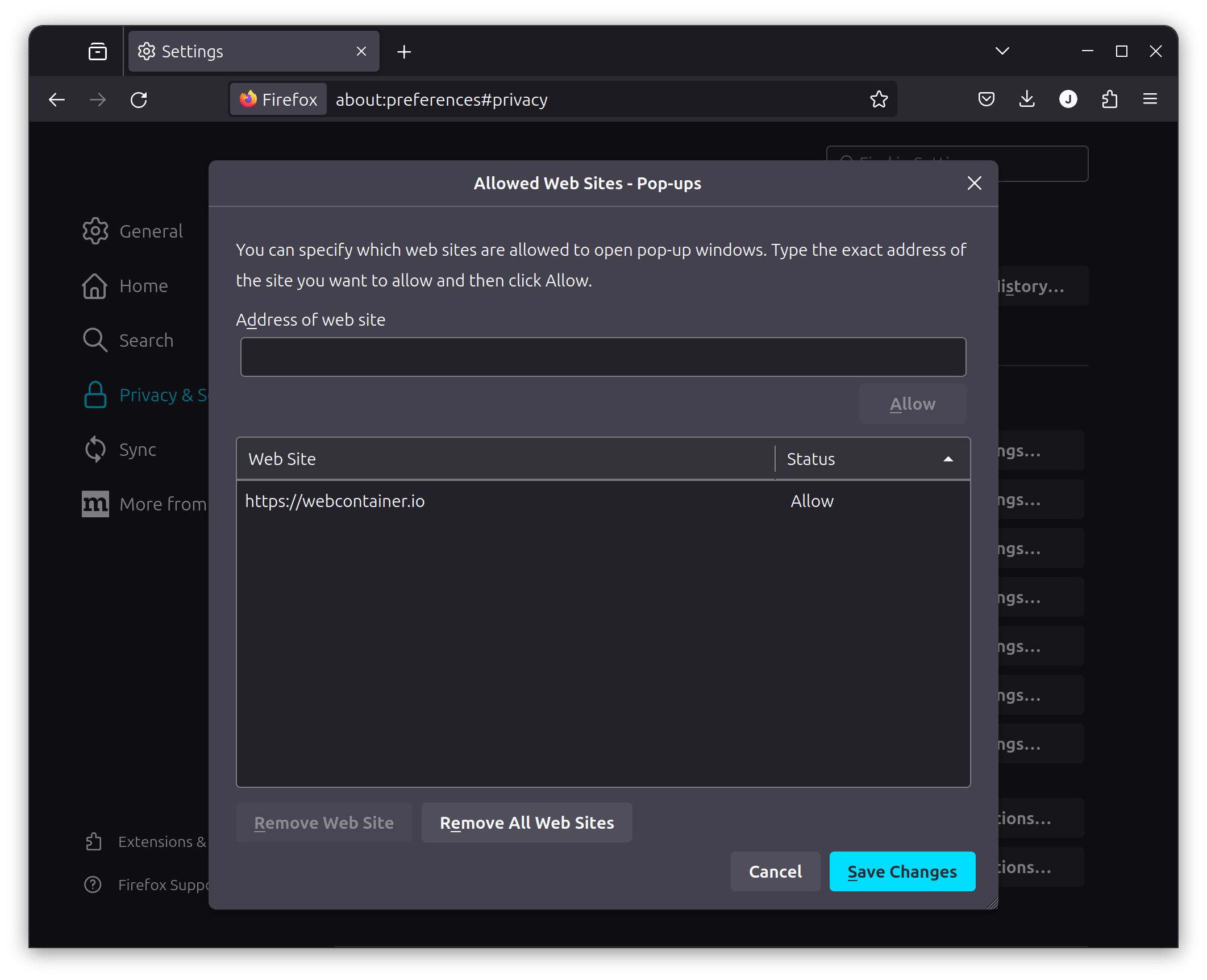 Firefox popups settings showing the webcontainer.io site allowed as an exception