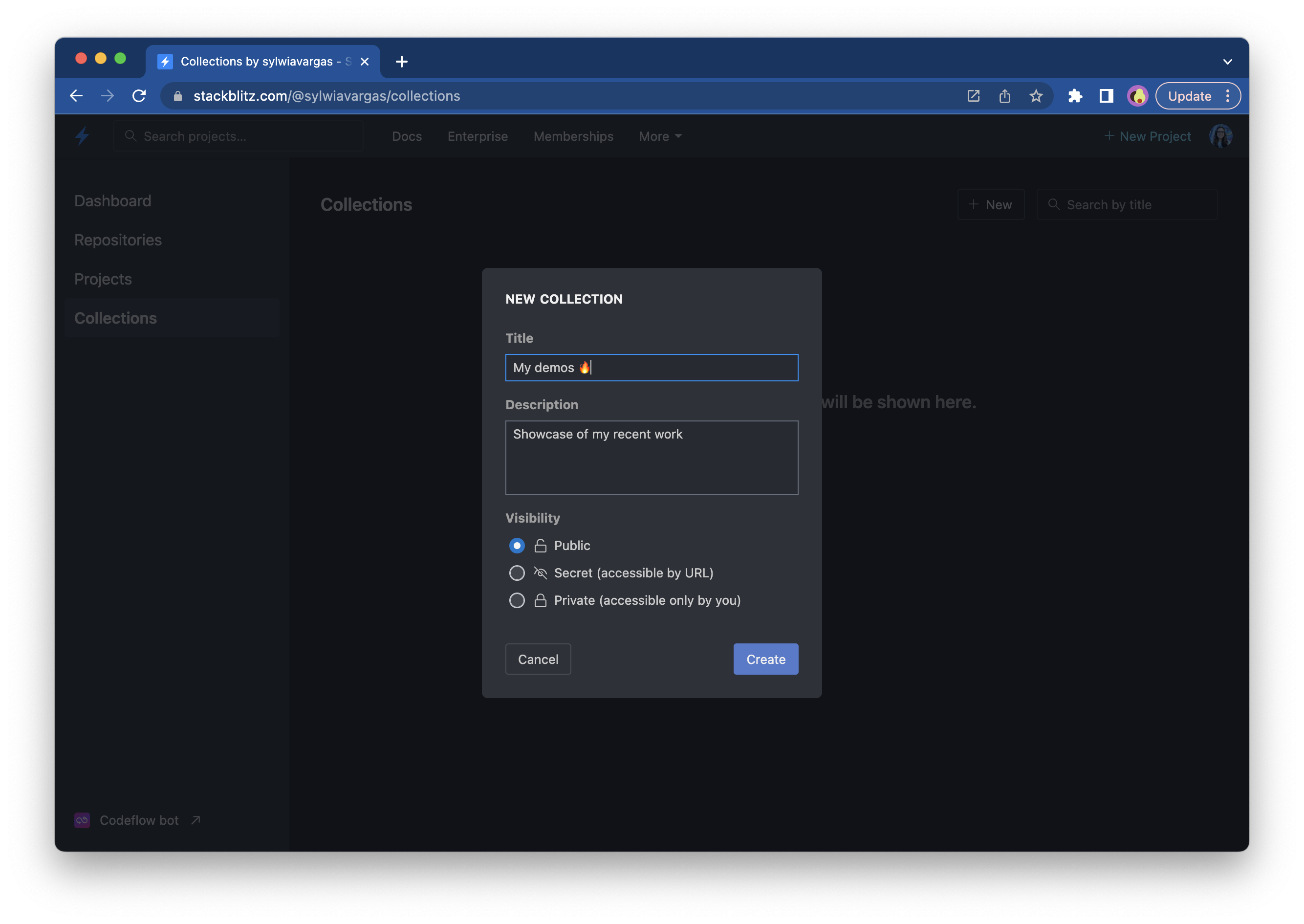 Collections modal