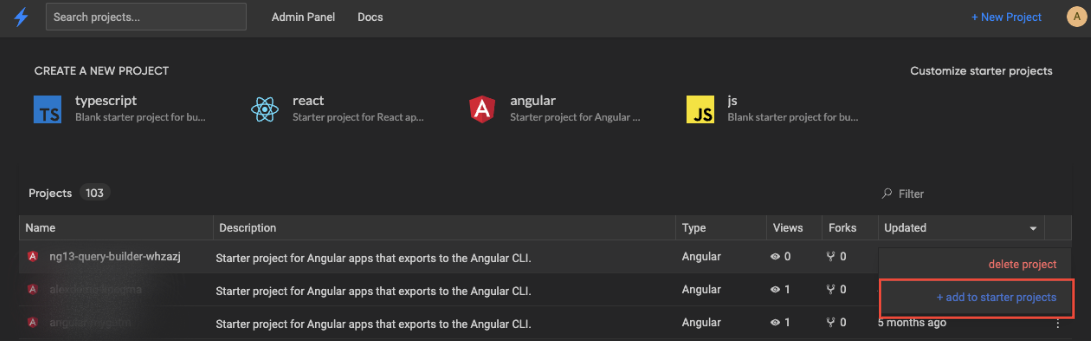 StackBlitz dashboard with "+ add to starter projects" link highlighted in the "Projects" section